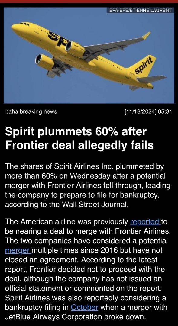 Spirit plummets 60% after Frontier deal allegedly fails. 🚨🚨