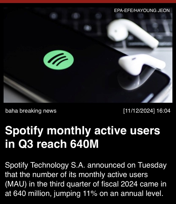 Spotify monthly active users in Q3 reach 640M