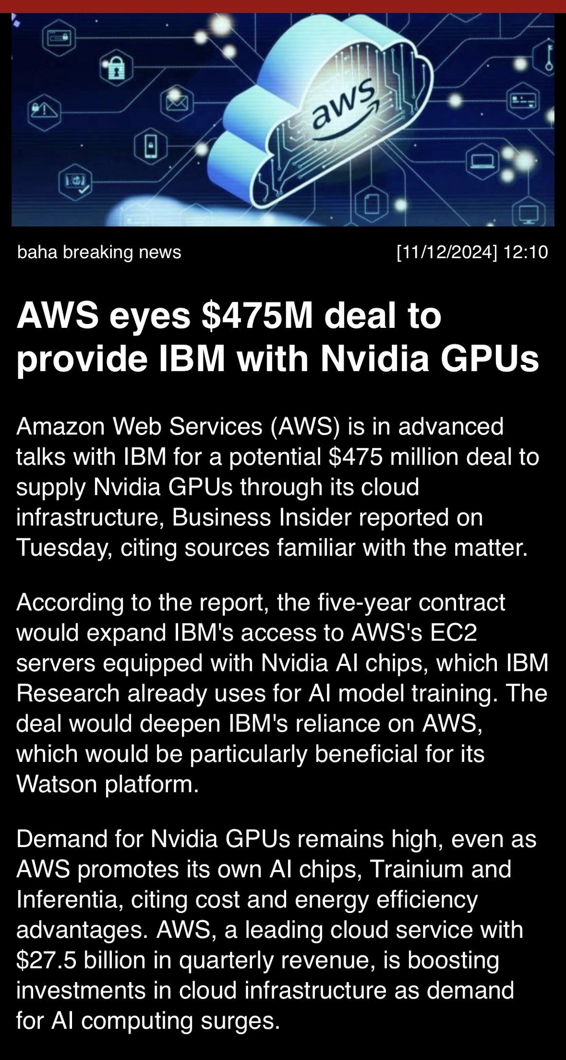 AWS eyes $475M deal to provide IBM with Nvidia GPU’s…