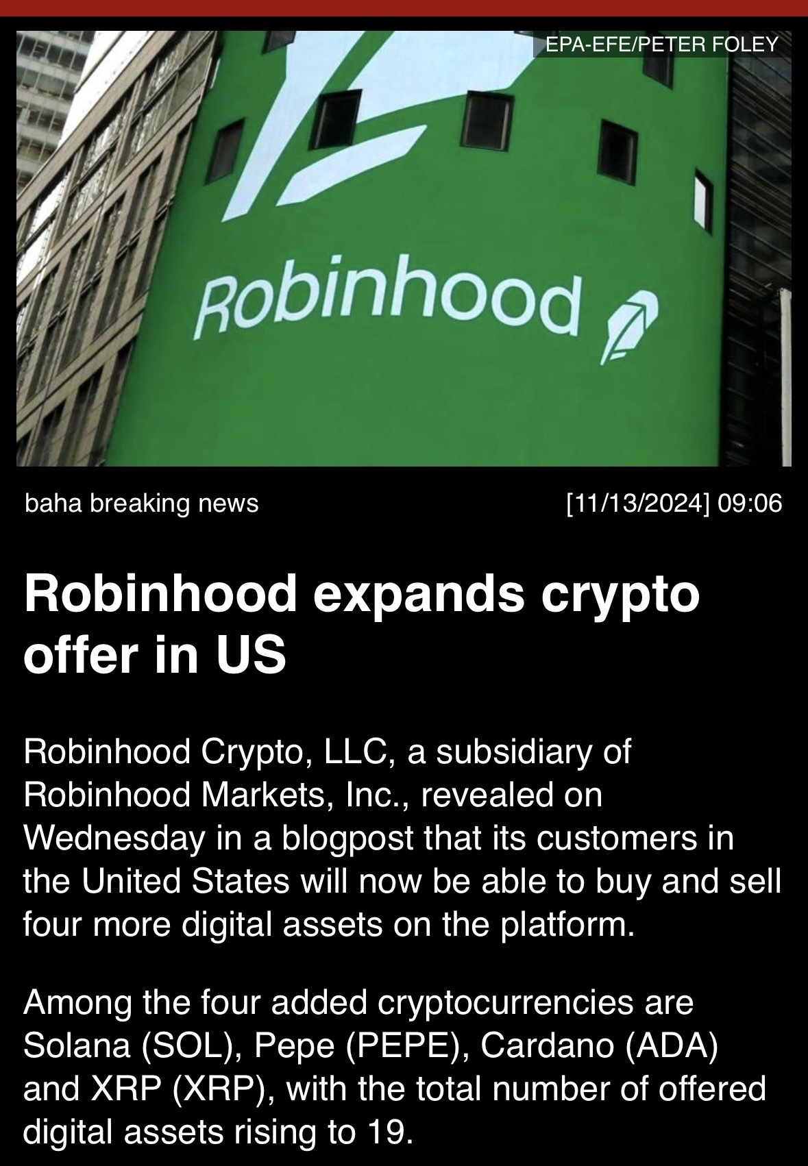 Robinhoodは米国で暗号通貨の提供を拡大します。