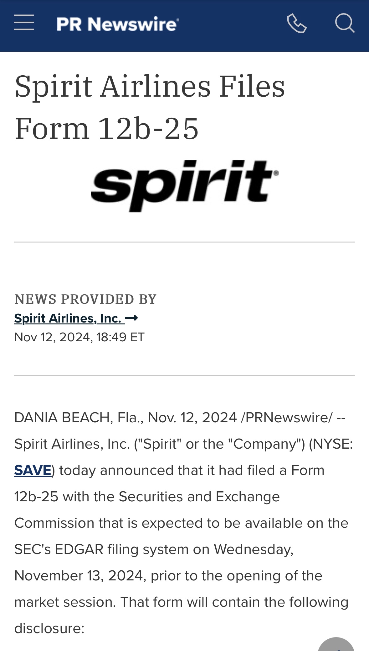 Spirit Airlines Files Form 12b-25