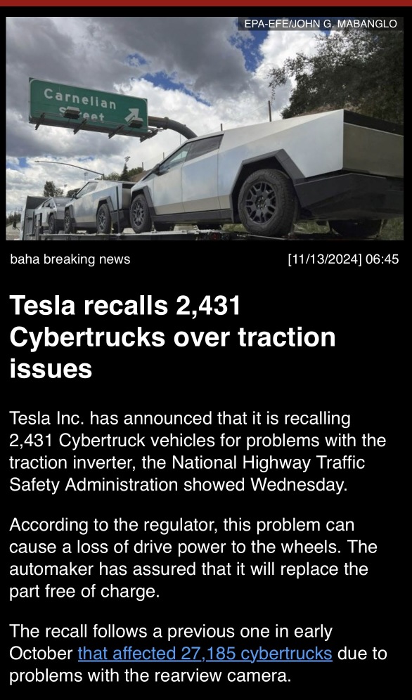 Tesla recalls 2,431 Cybertrucks over traction issue.