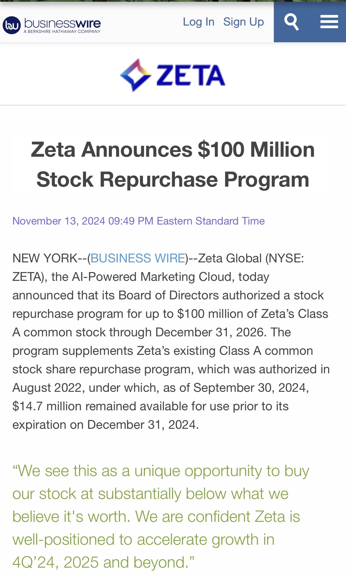 Zeta宣布了10000万美元股票回购计划