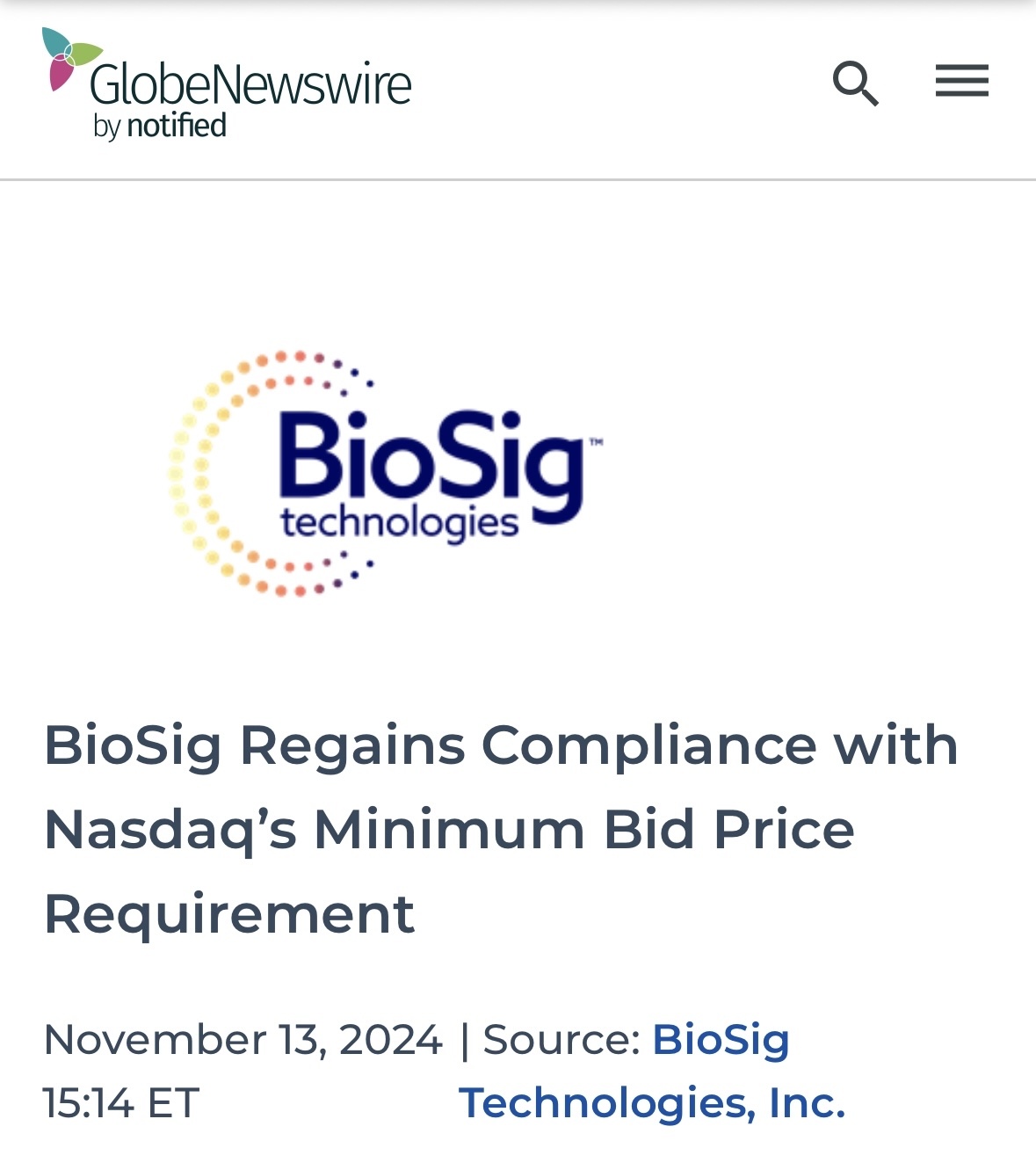 BioSig Regains Compliance with Nasdaq’s Minimum Bid Price