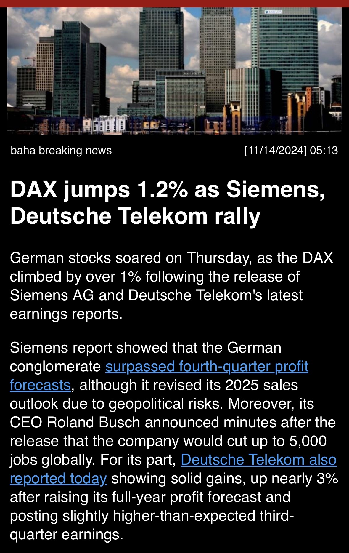 DAX jumps 1.2% as Siemens, Deutsche, Telekom rally.