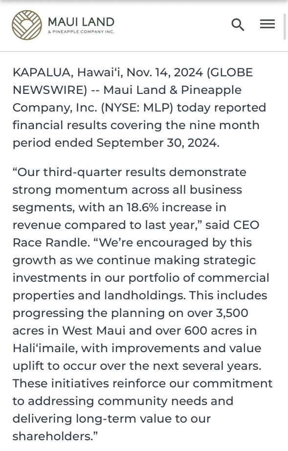 Maui Land and Pineapple Company Report Fiscal 2024 Third Quarter Results.