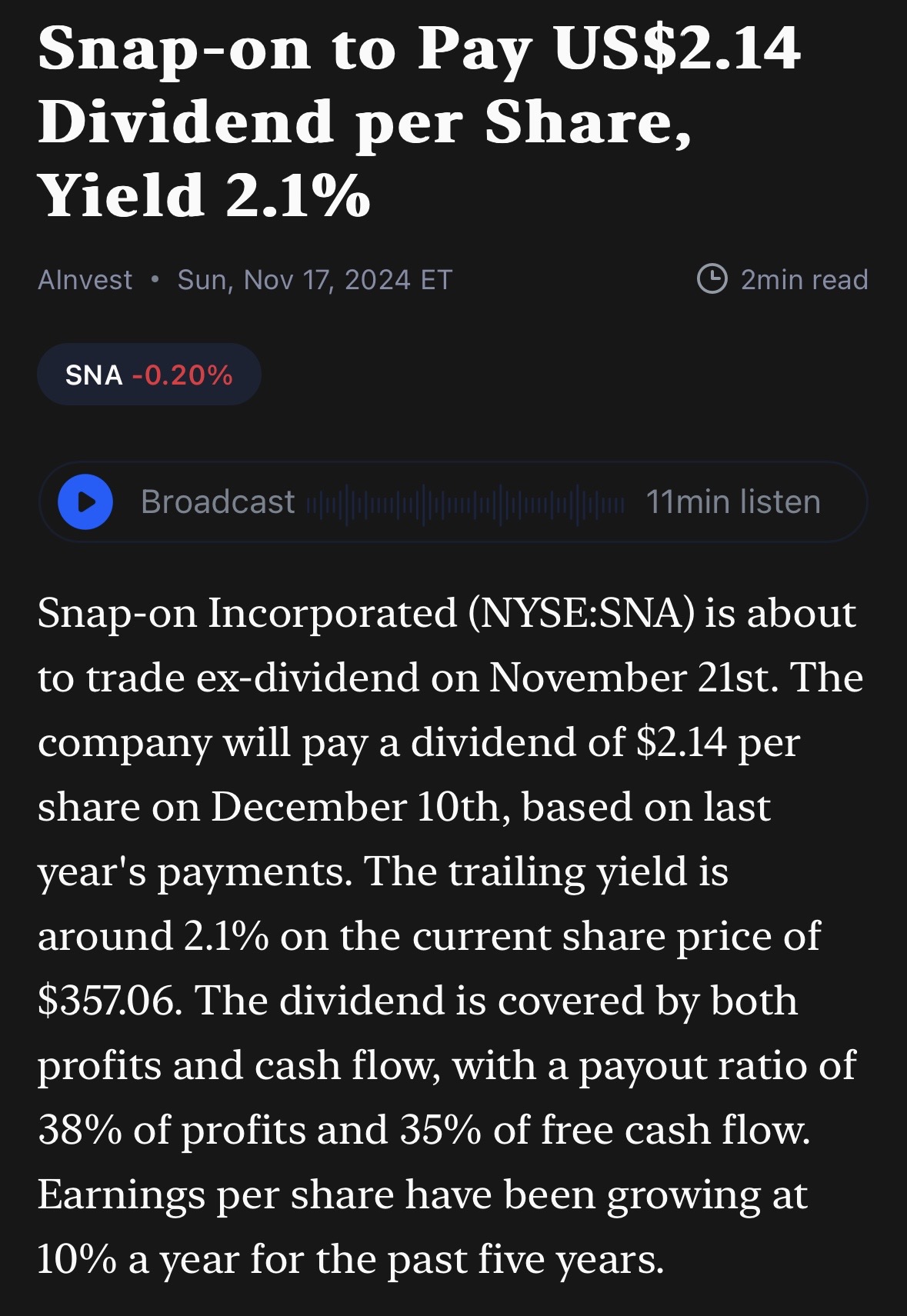 Snap-on to Pay (USD) $2.14 Dividend per Share, Yield 2.1%