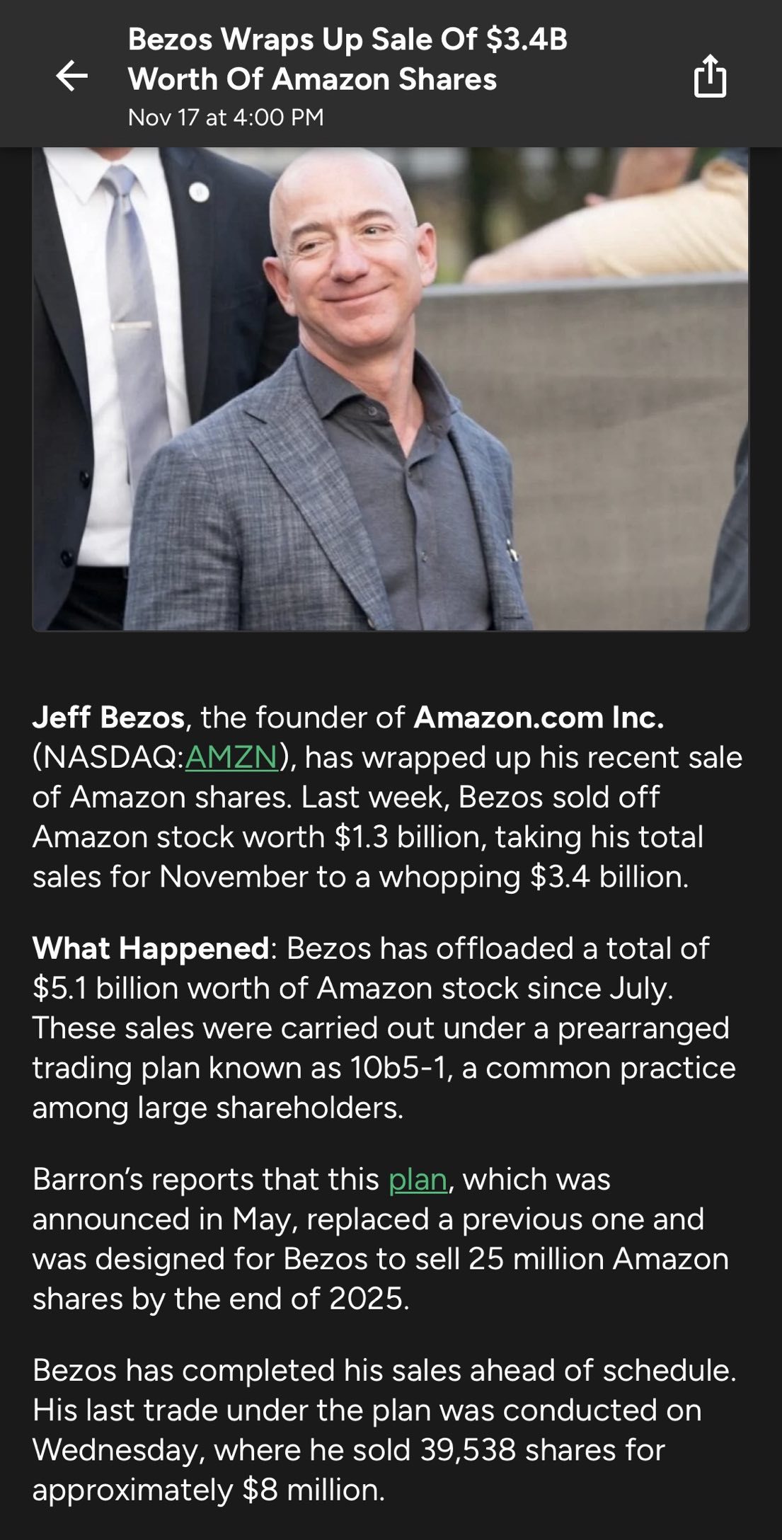 Bezos Wraps Up Sale Of $3.4B Worth Of Amazon Shares. 📊