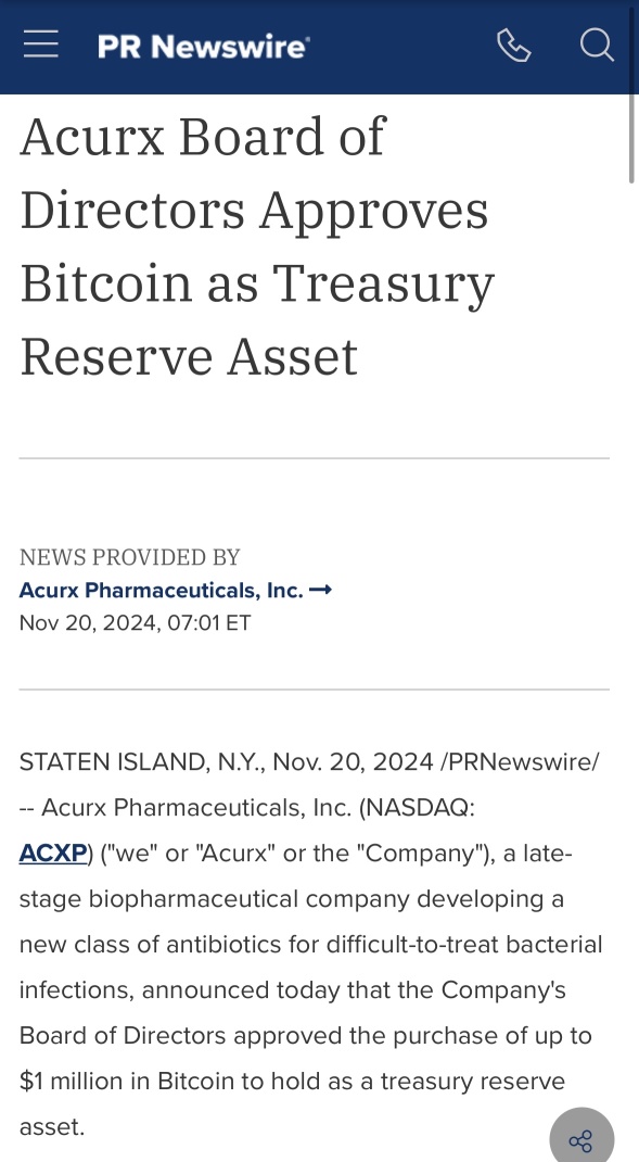 Acurx Board of Directors Approves Bitcoin as Treasury Reserve Asset. 🚨