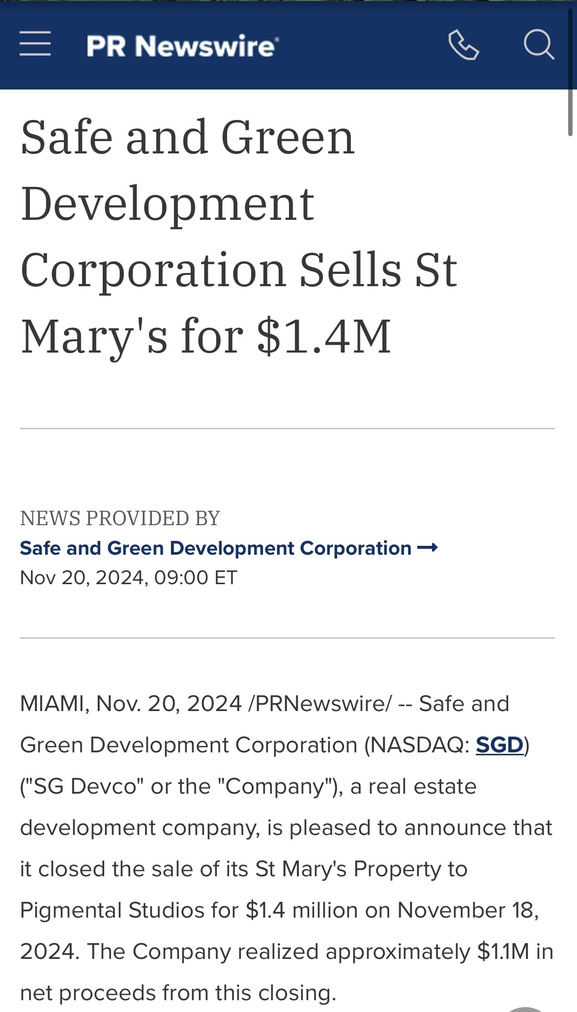 $Safe & Green Development (SGD.US)$