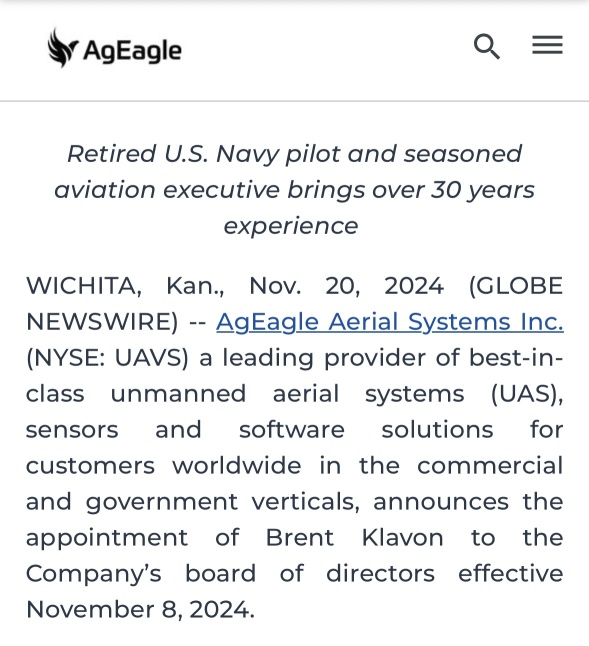 AgEagle Aerial Systems Announce Appointment of Brent Klavon tonight Board of Directors