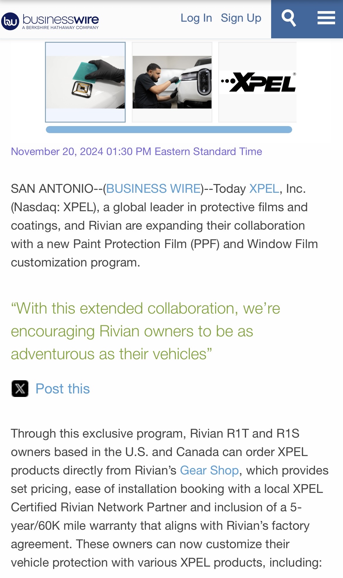 XPEL and Rivian Expand Collaboration With New PPF and Window Film Program.