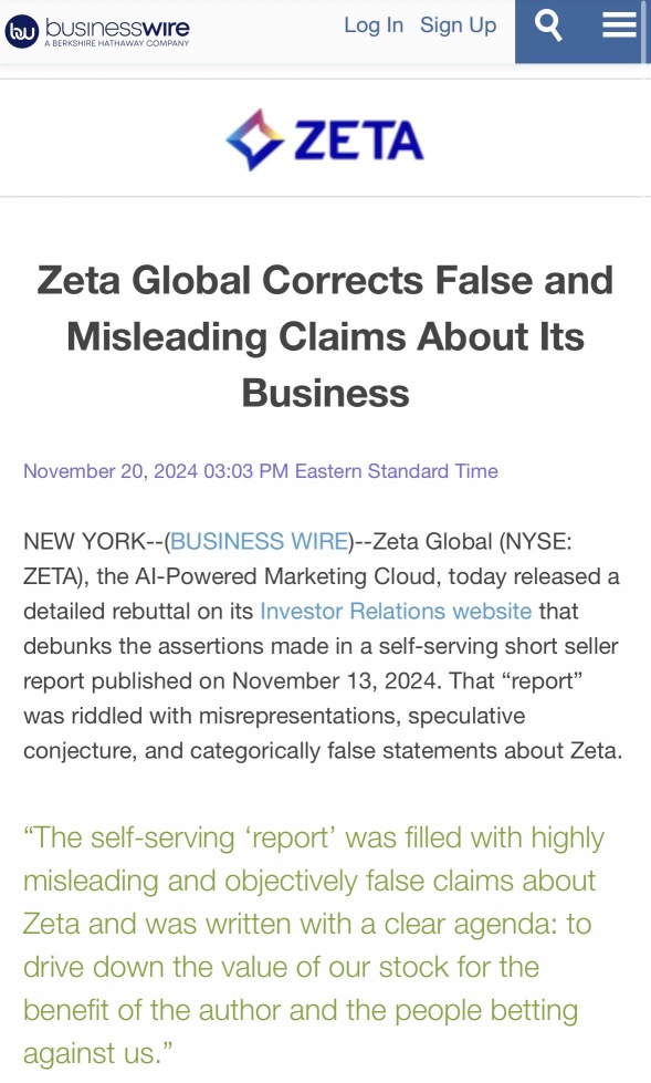 Zeta Global Corrects False and Misleading Claims About Its Business…