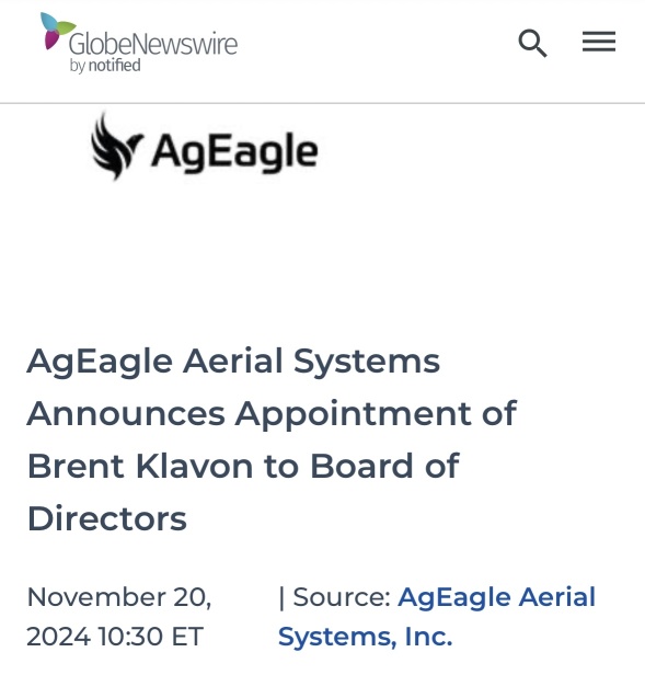 AgEagle Aerial Systems Announce Appointment of Brent Klavon tonight Board of Directors