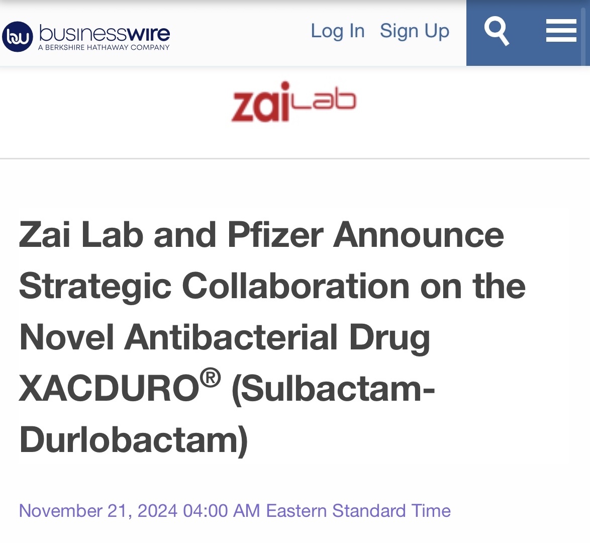 $Zai Lab (ZLAB.US)$$Pfizer (PFE.US)$