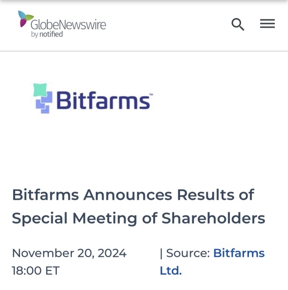 Bitfarms Announces Results of Special Meeting of Shareholders