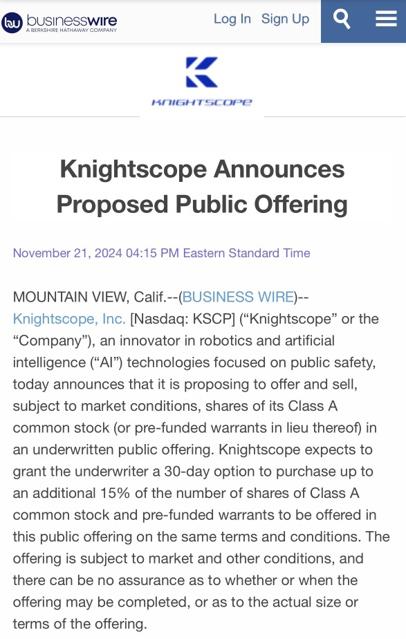 Knightscope Announces Proposed Public Offering.