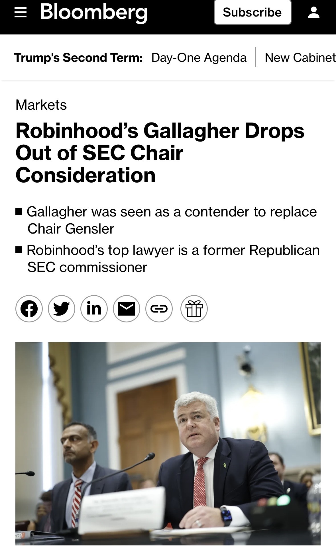 Robinhood’s Gallagher Drops Out of SEC Chair Consideration.