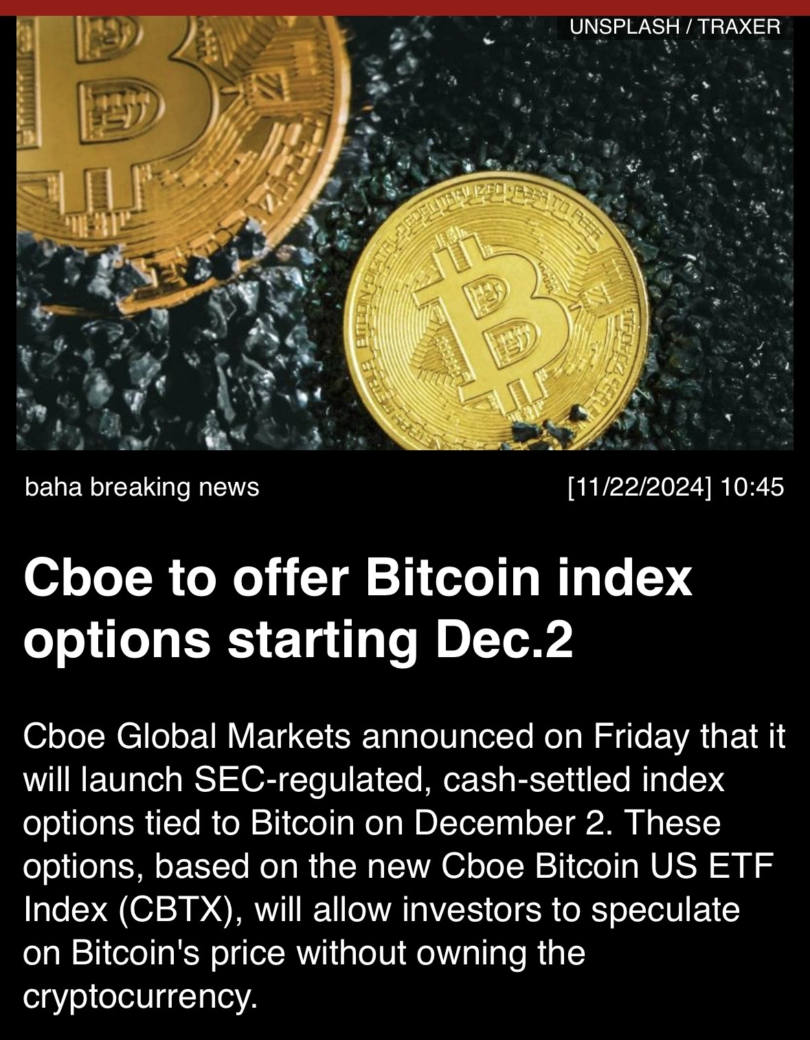 cboeは12月2日からビットコインインデックスオプションを提供する予定です。