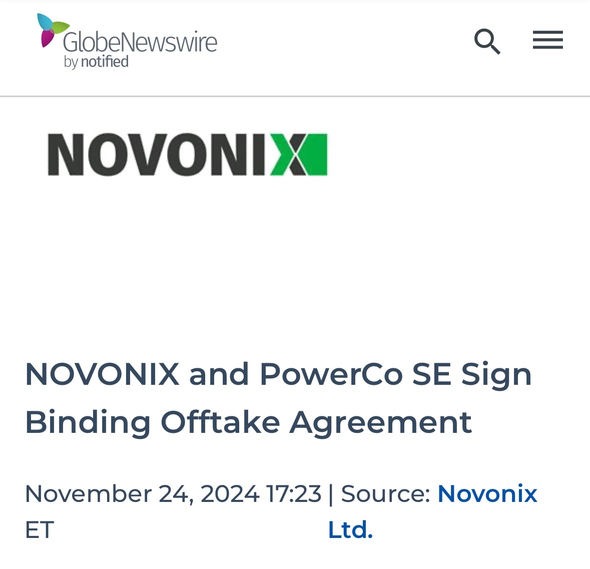 NOVONIX和PowerCo SE签署了具约束力的外销协议（周五AH交易收盘价为$2.19）。