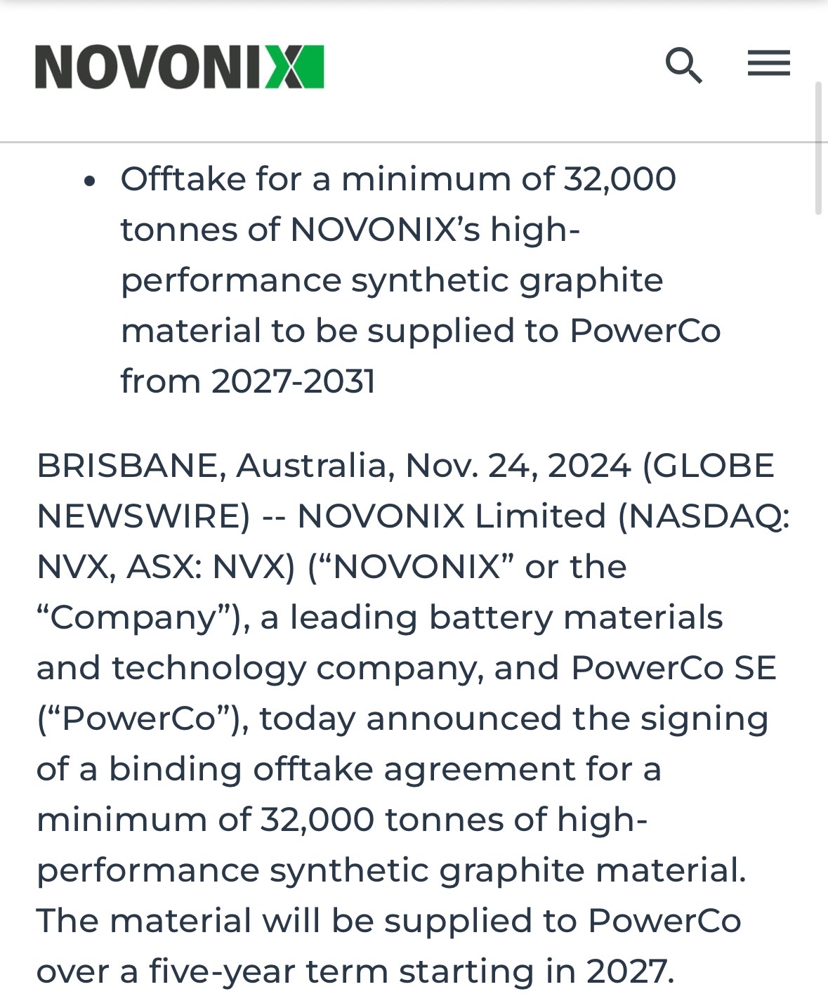 NOVONIX和PowerCo SE签署了具约束力的外销协议（周五AH交易收盘价为$2.19）。