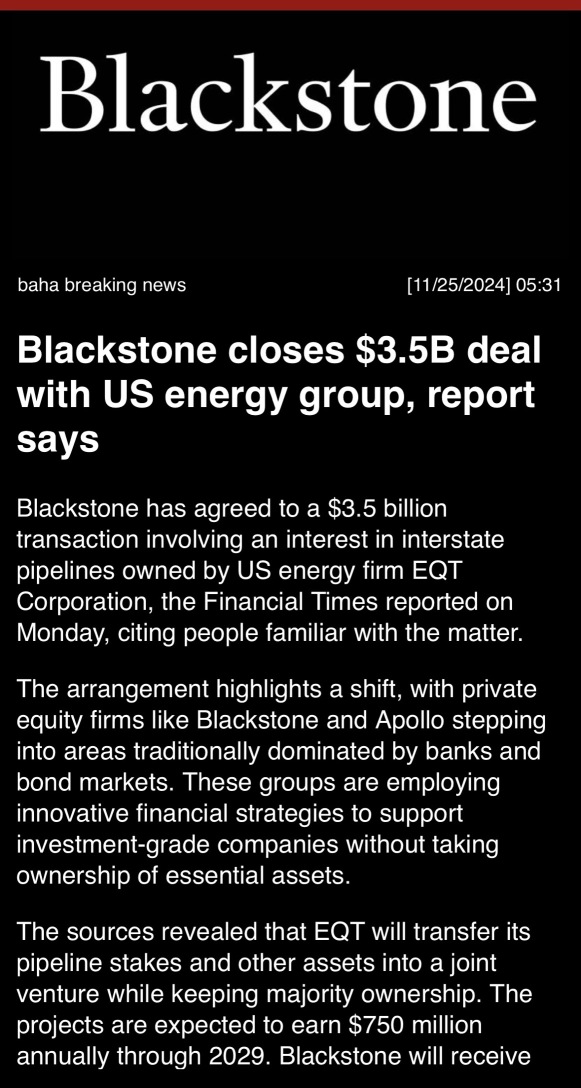 Blackstone closes $3.5B deal with U.S. energy group, report says.