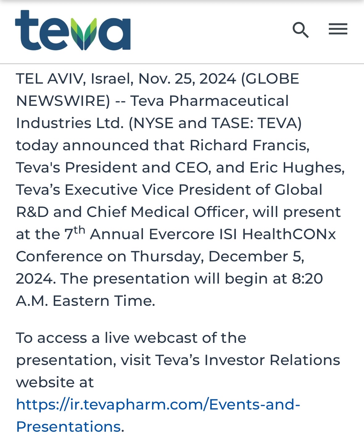 Teva to Present at the 7th Annual Evercore ISI HealthCONx