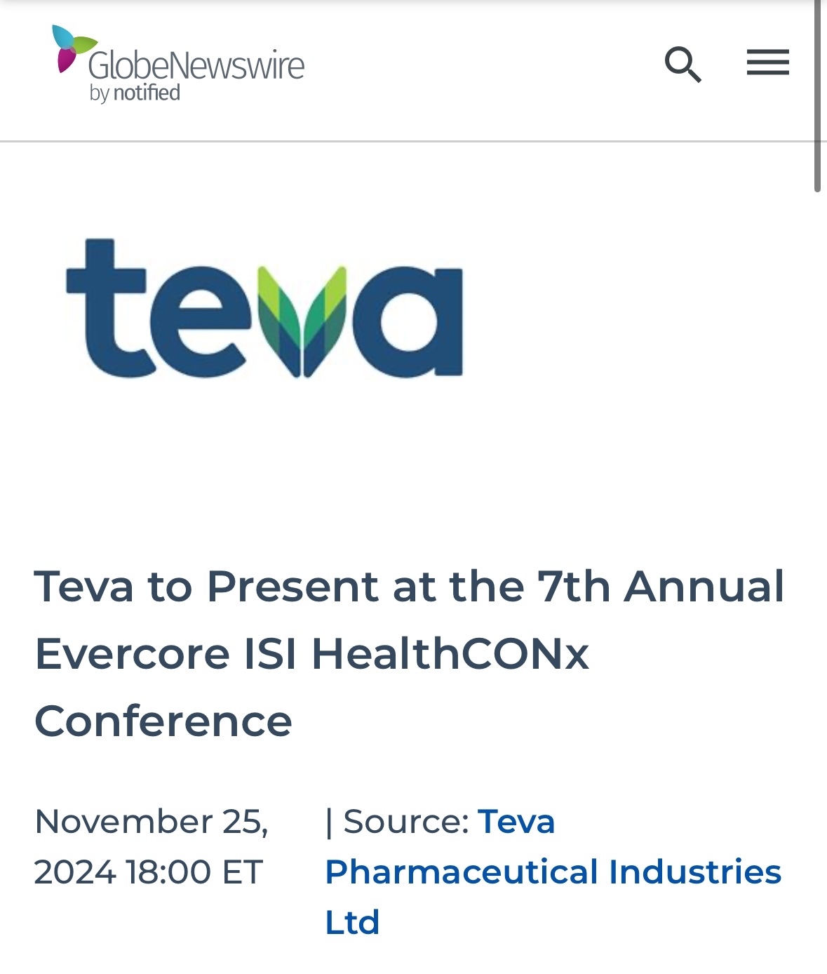 Teva to Present at the 7th Annual Evercore ISI HealthCONx