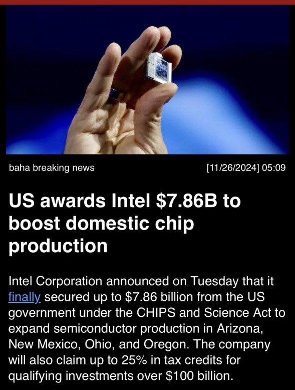 U.S. awards Intel $7.86B to boost domestic chip production