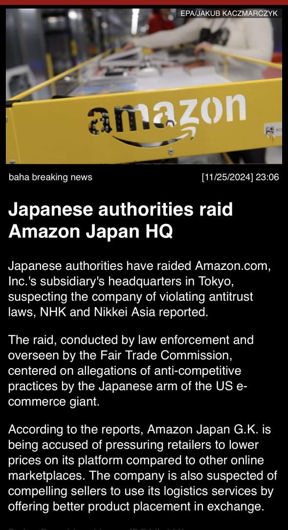 Japanese authorities raid Amazon Japan HQ.