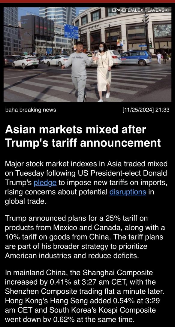 Asian markets mixed after Trump’s tariff announcement. (My IBKR app, can confirm)😂