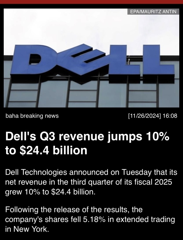 Dell’s Q3 revenue jumps 10% to $24.4 billion.