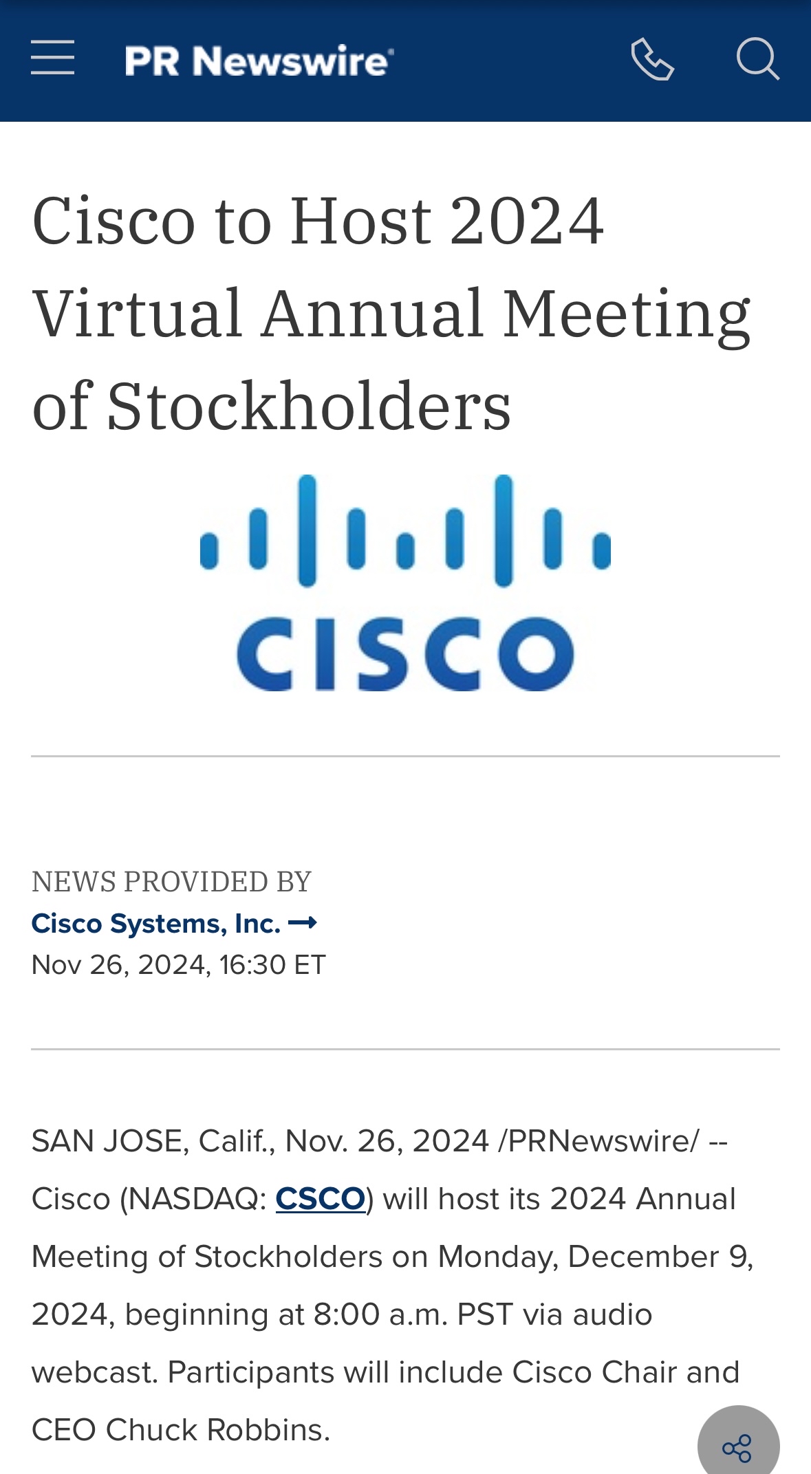 Cisco to Host 2024 Virtual Annual Meeting of Stockholders