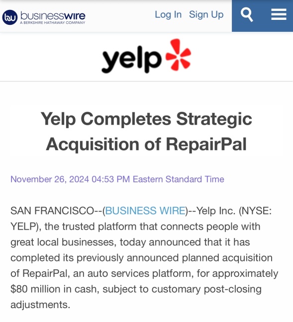 Yelp Completes Strategic Acquisition of RepairPal