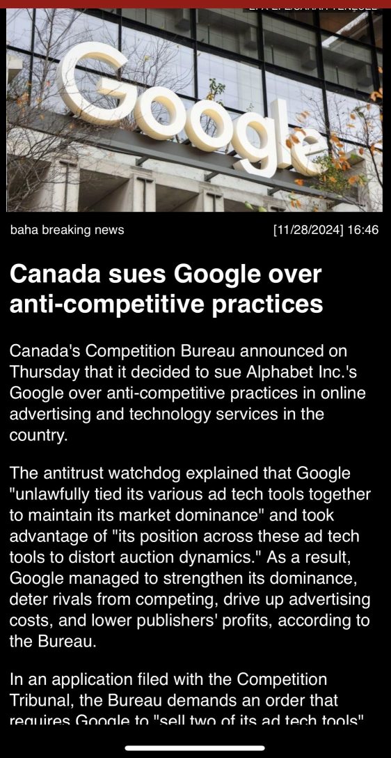 “Canada sure Google over anti-competitive practices” Listen, I’ve lived with Canada directly across the river all my life..If they’re suing you? You are not nice, eh?