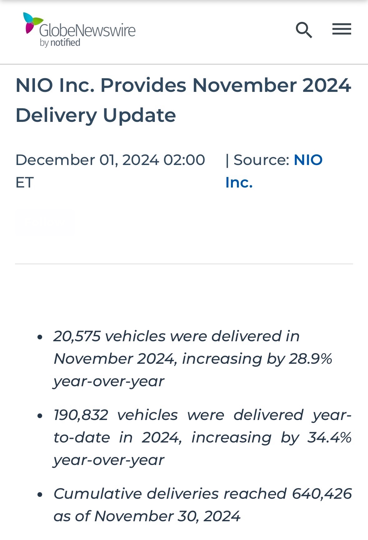 NIO Inc. Provides November 2024 Delivery Update.