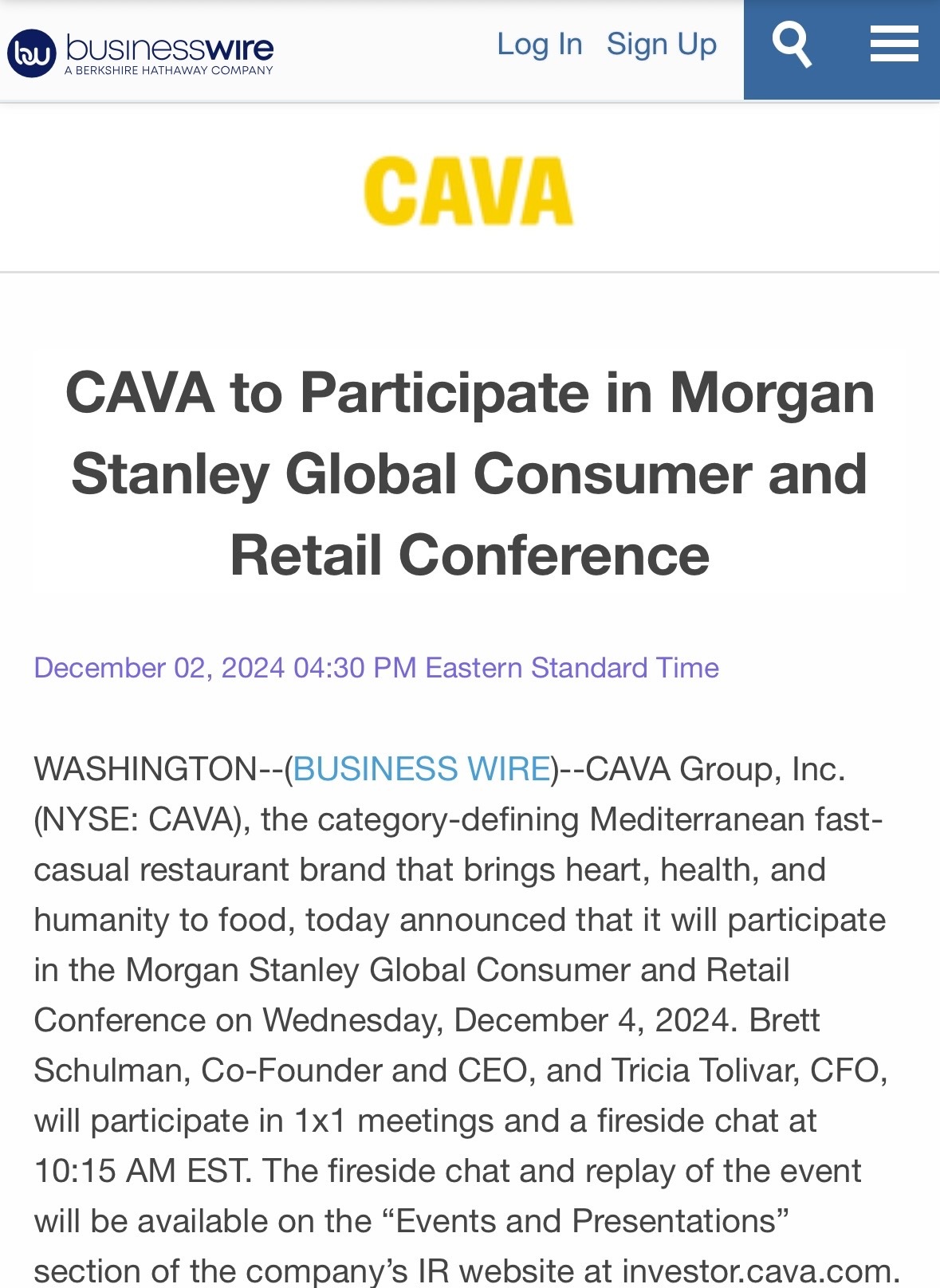 CAVA to Participate in Morgan Stanley Global Consumer and Retail Conference