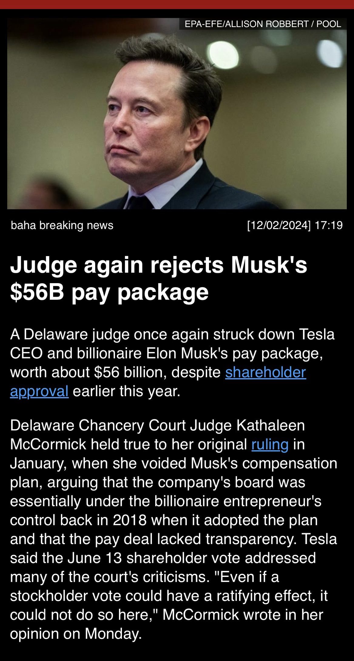 Judge again rejects Musk’s $56B pay package