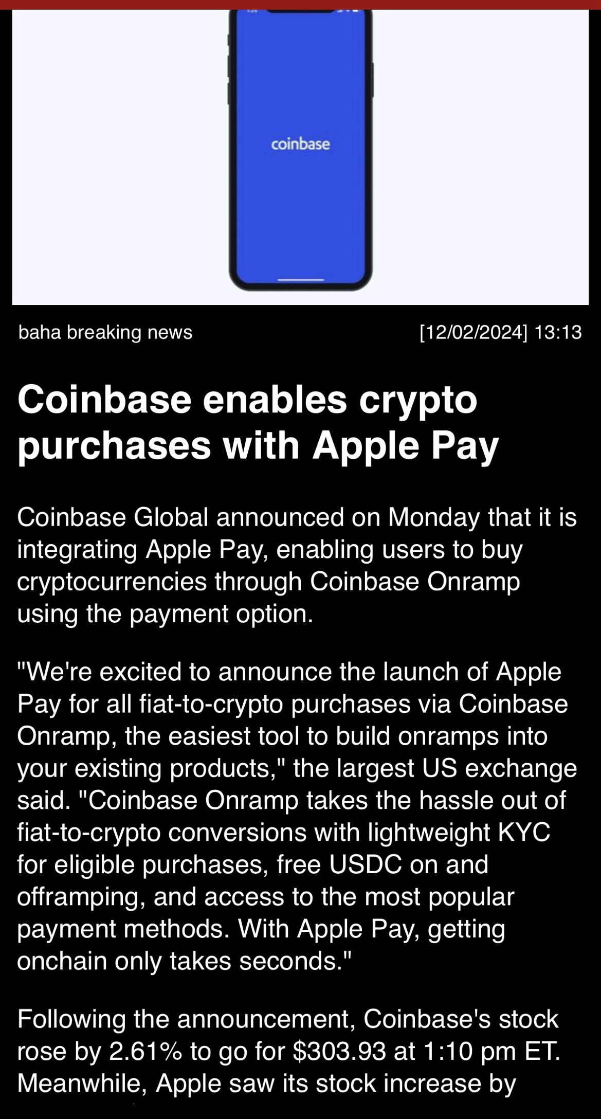 Coinbase enables crypto purchases with Apple Pay.