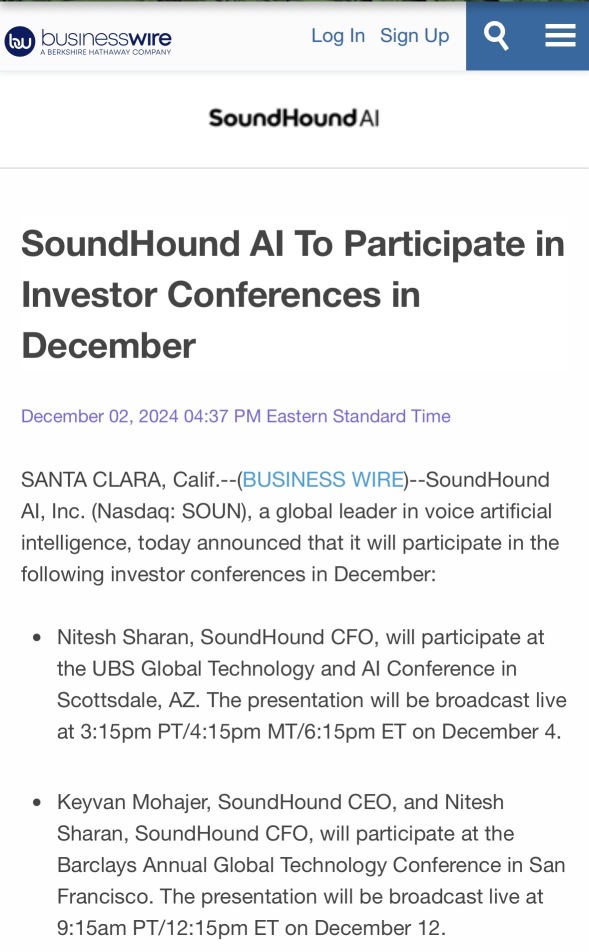 SoundHound AI To Participate in Investor Conferences in December