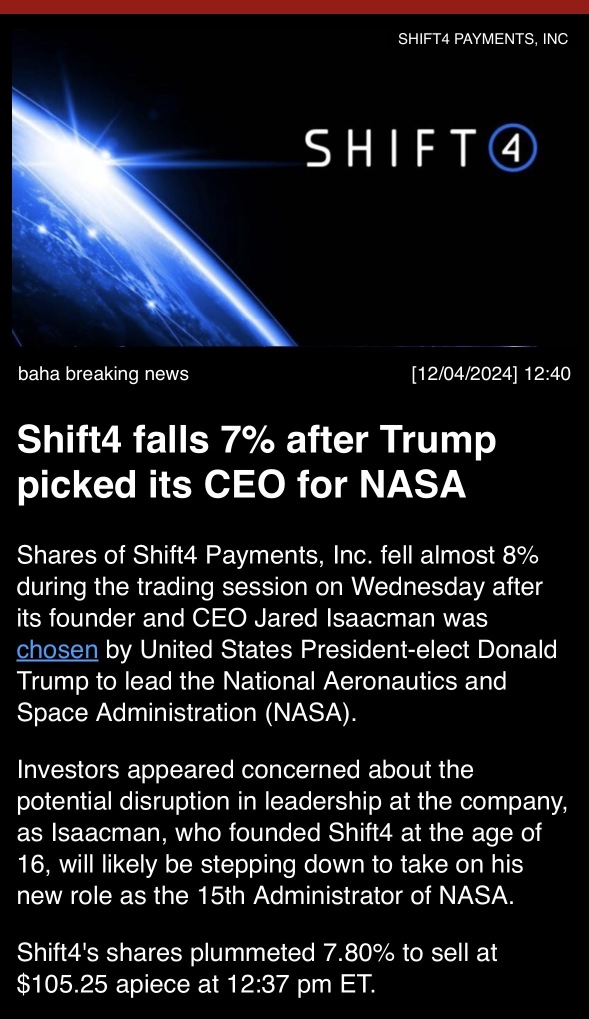 Shift4 falls 7% after Trump locked its CEO for NASA.