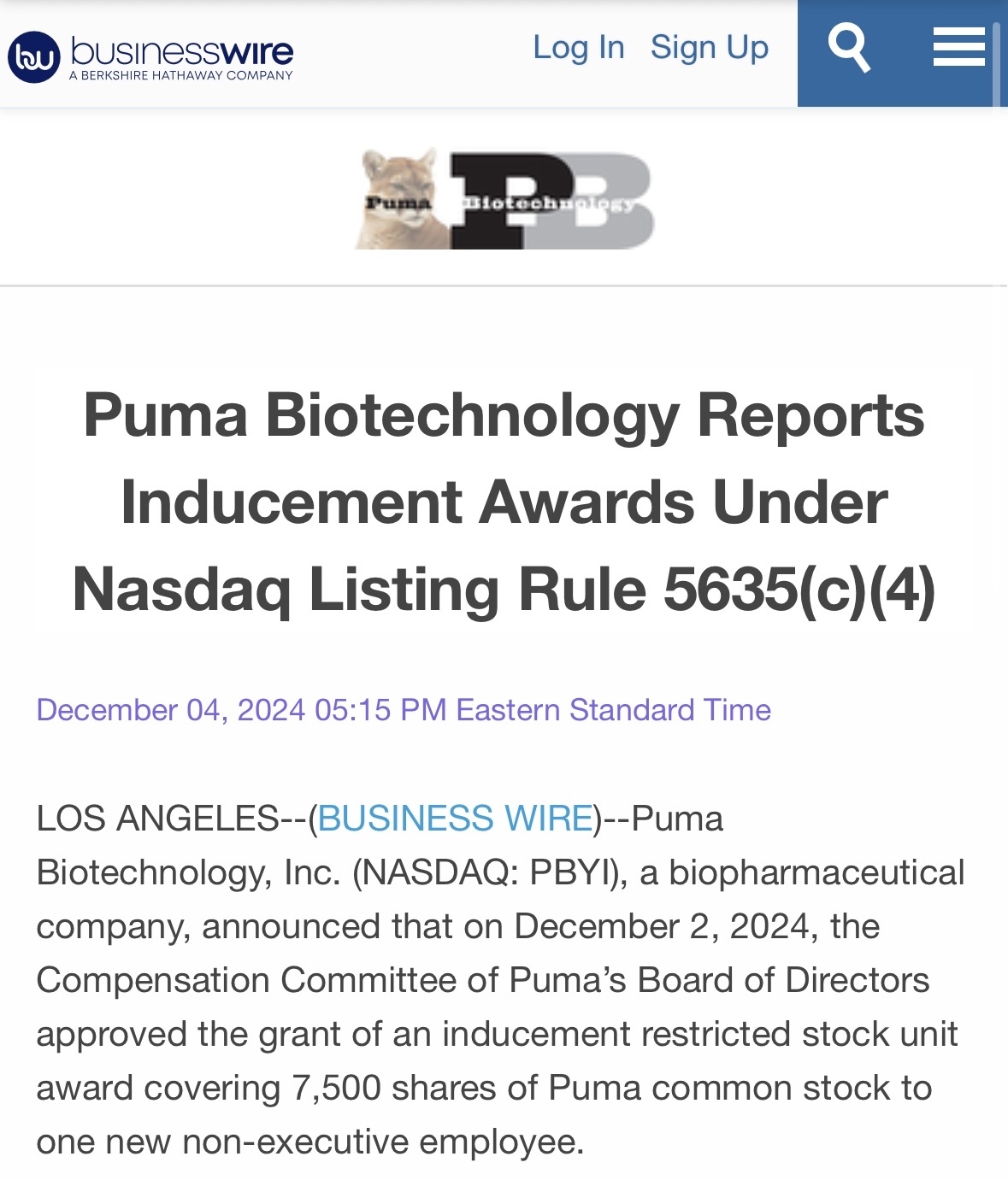 $Puma Biotechnology (PBYI.US)$