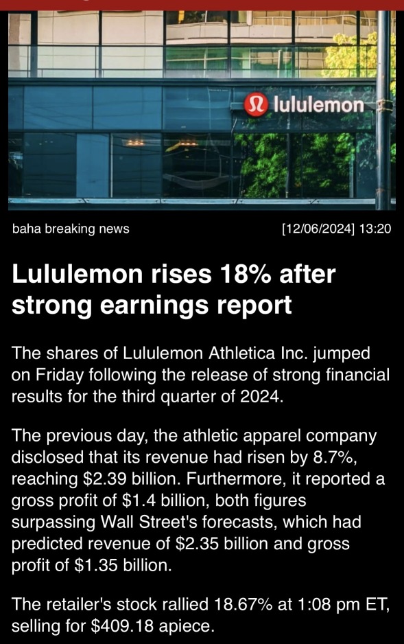 Lululemon强劲的财报出炉后股价上涨18%。