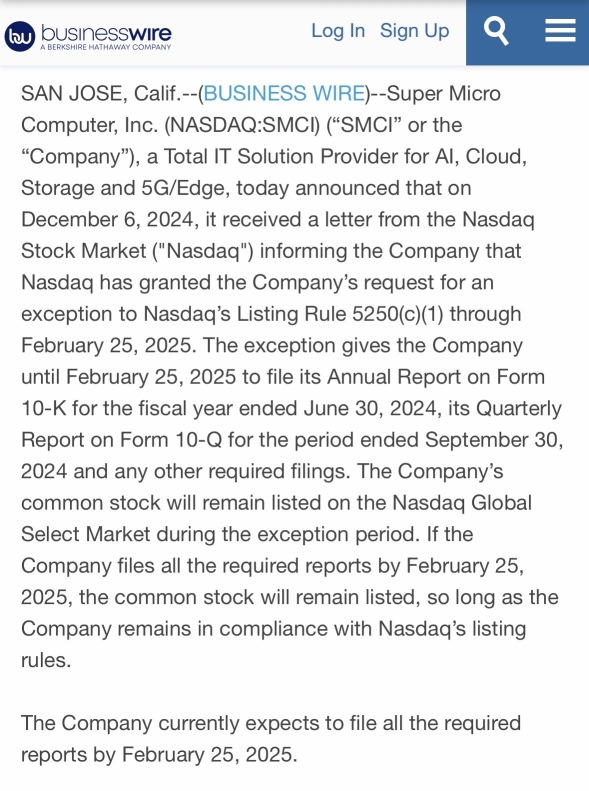 🚨 Super Micro Computer Inc. Announces Receipt of Extension from Nasdaq Stock Market 🚨