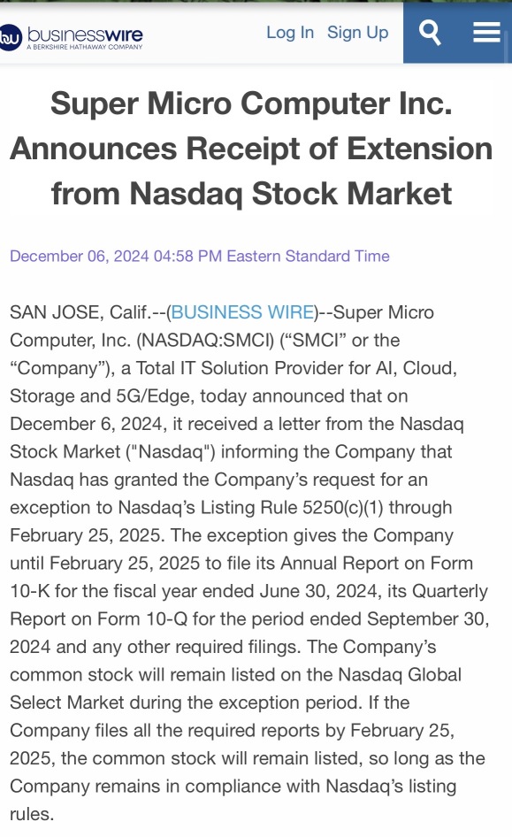 🚨 Super Micro Computer Inc. Announces Receipt of Extension from Nasdaq Stock Market 🚨