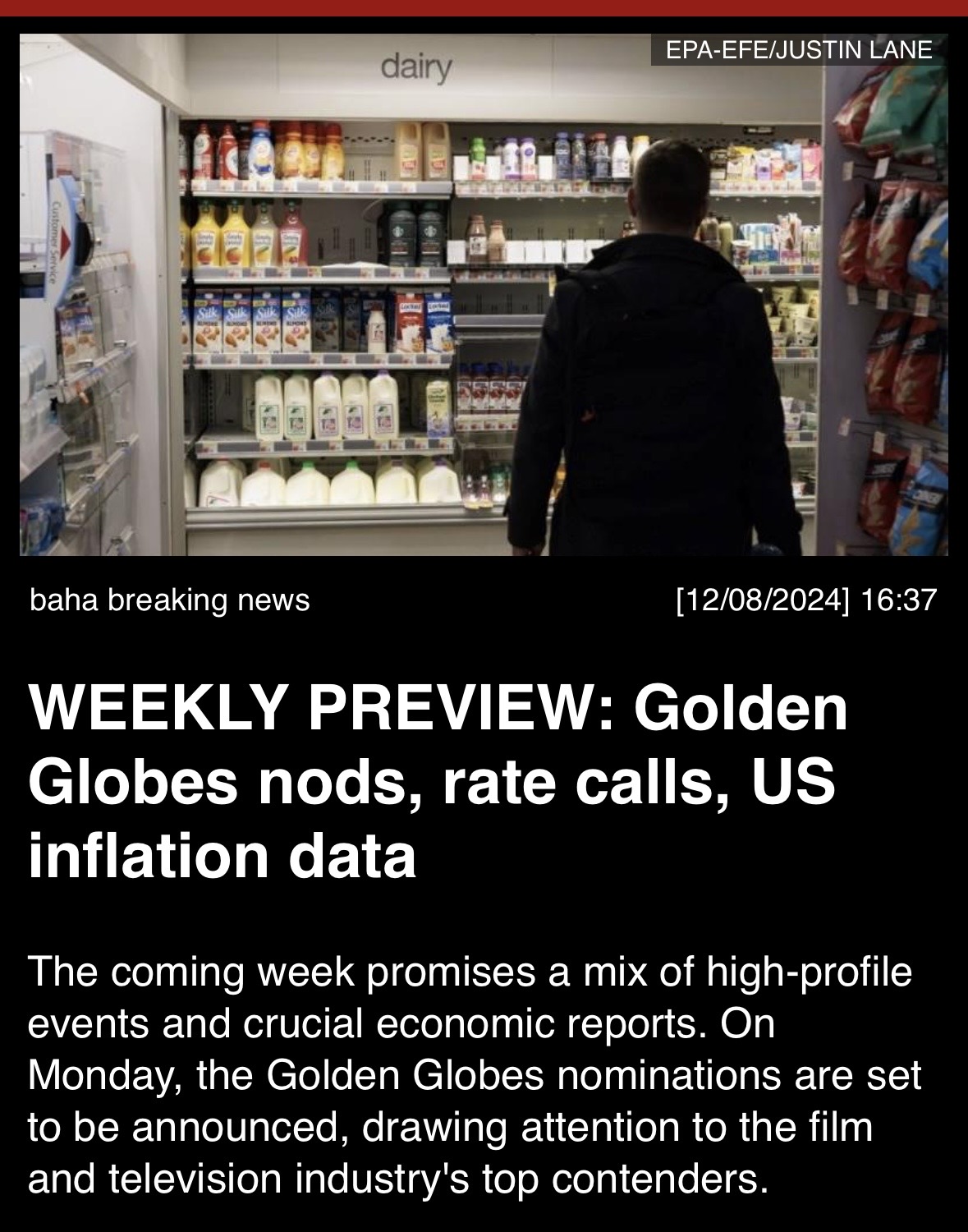 WEEKLY PREVIEW: Golden Globes nods, rate calls, U.S. inflation data.