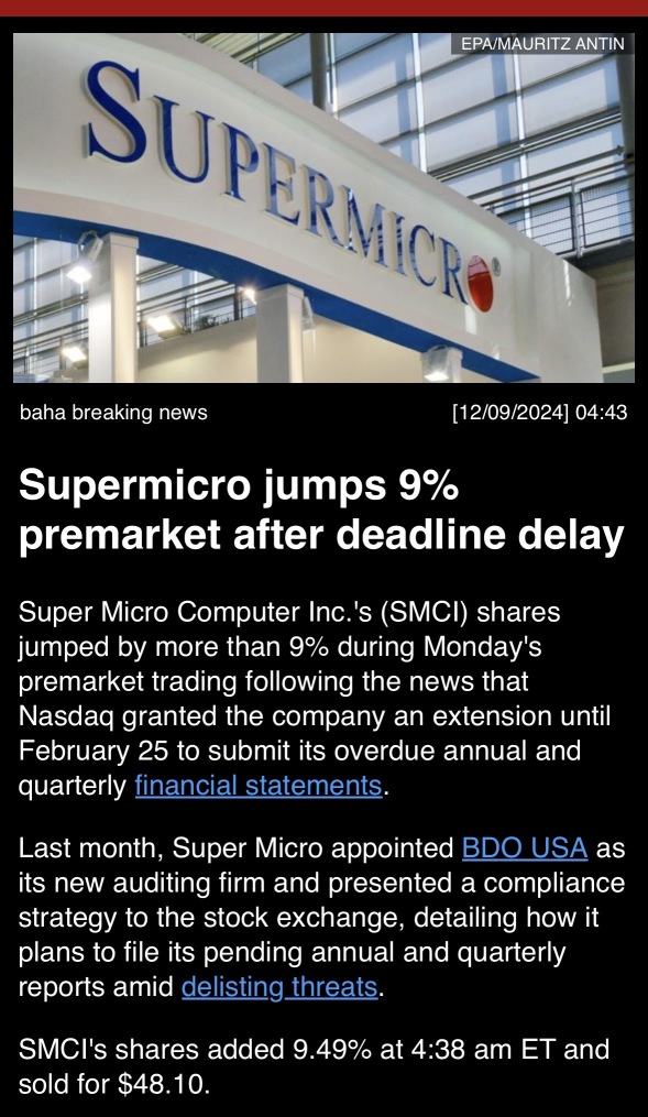 Supermicro jumps 9% premarket after deadline delay.