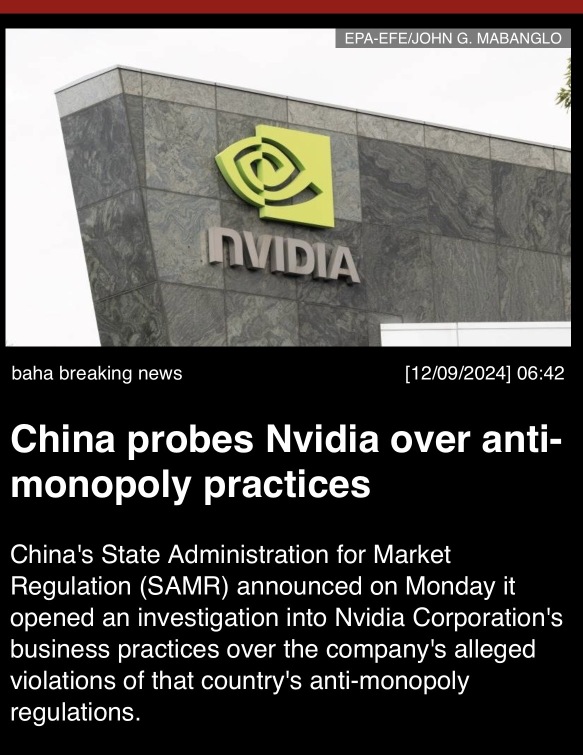 🚨 China probes Nvidia over anti-monopoly practices. 🚨