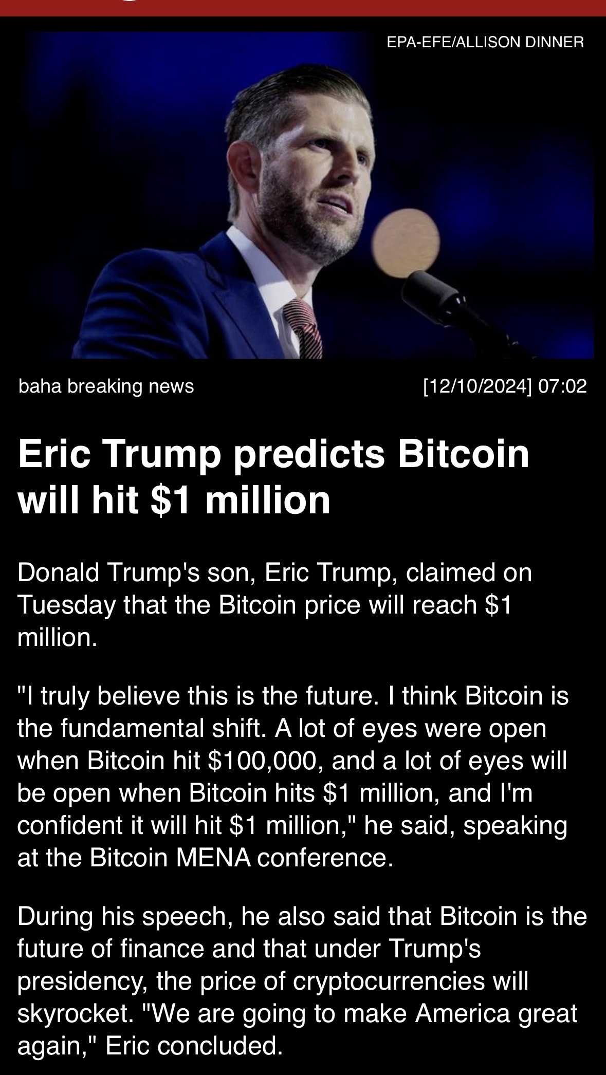 Fire Mission: Eric Trump predicts Bitcoin will hit $1 million.