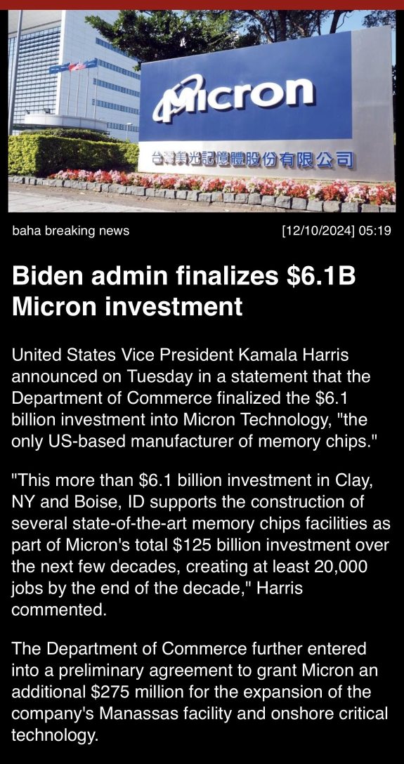 Biden admin finalizes $6.1B Micron Investment